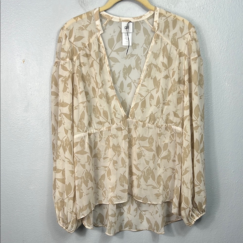 Cabi Couplet Sheer White & Beige Floral Long Sleeve Blouse Small